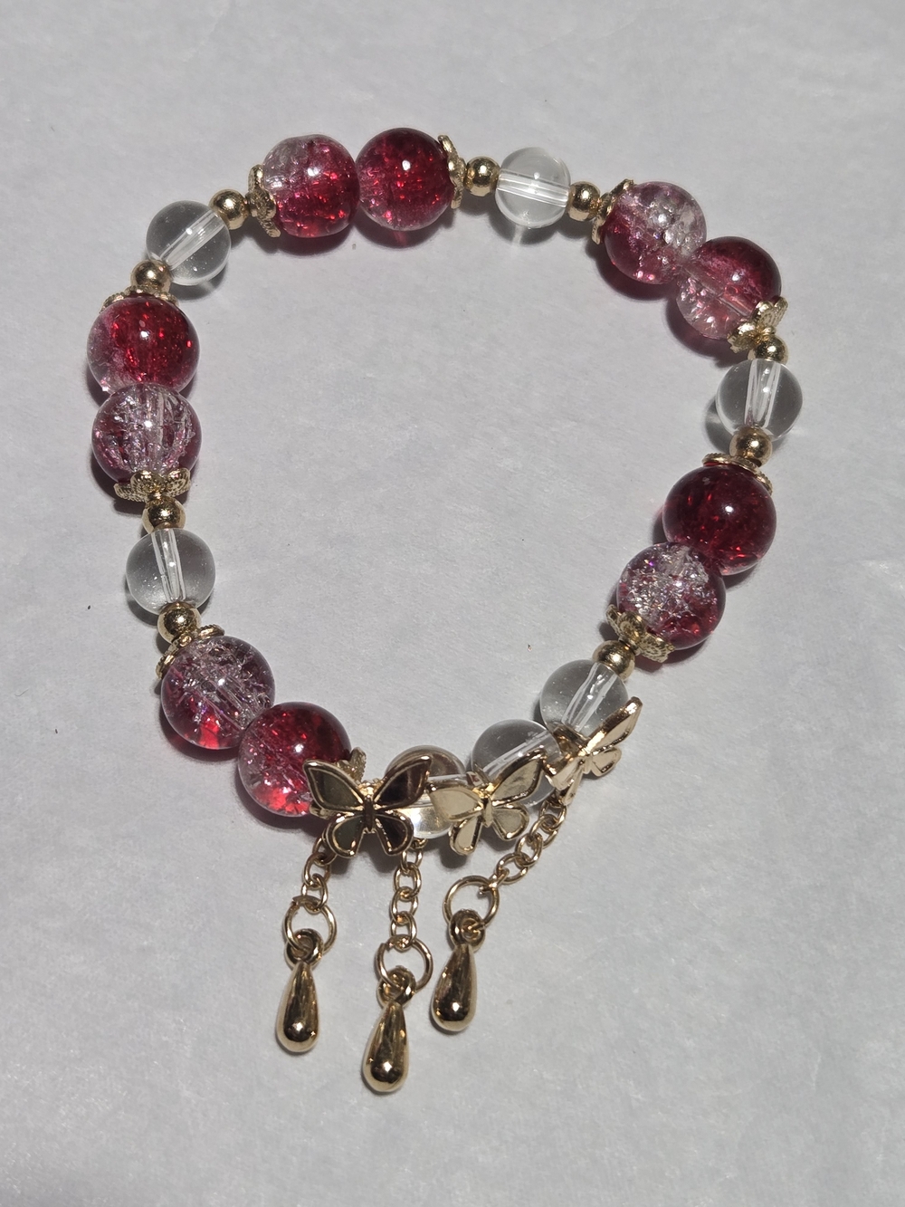 10mm- Gold Butterfly Charm Bracelet with Red and Clear Beads